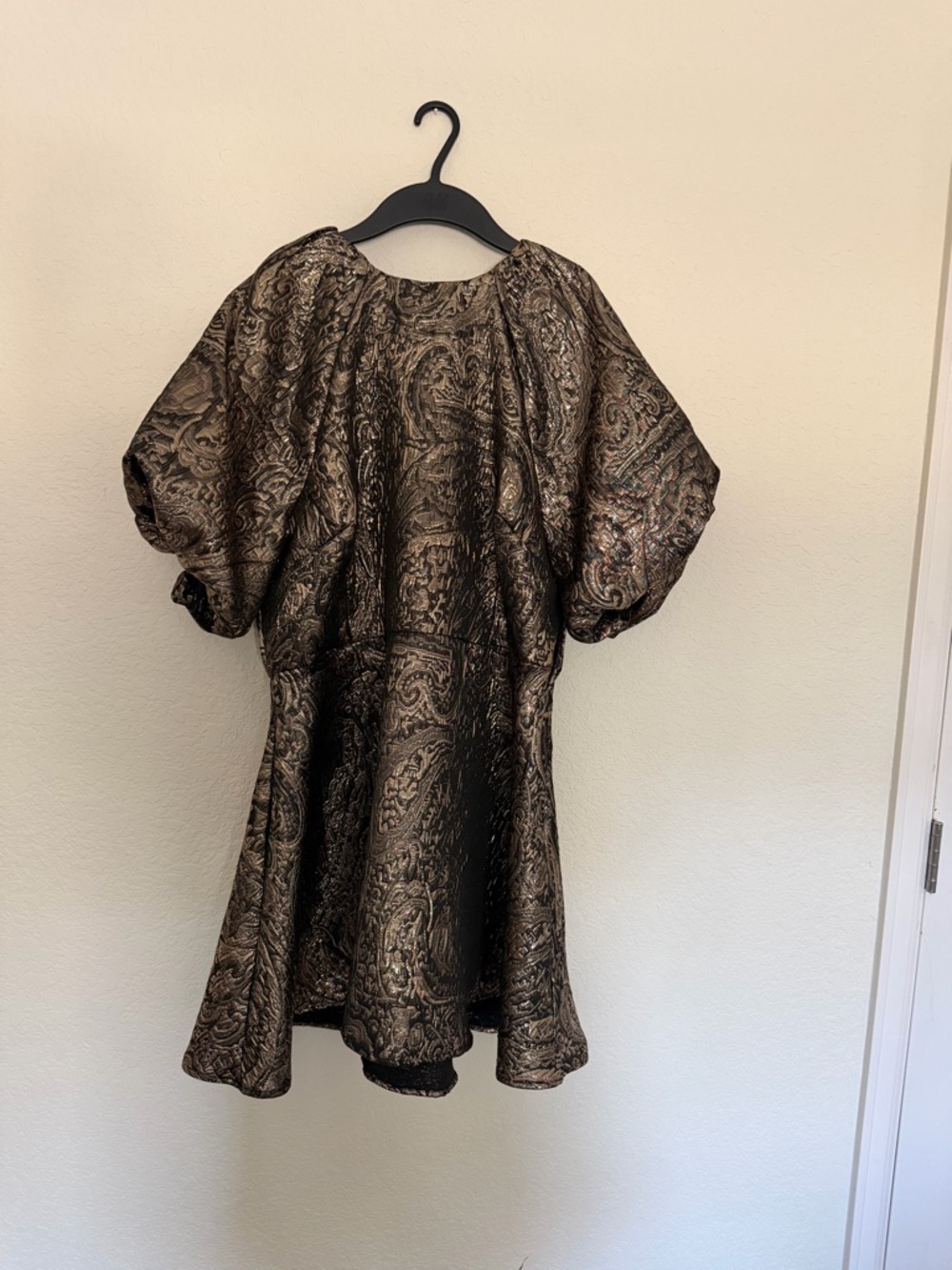 H&M Jacquard Mini Dress Size L Gold Black Puff Sleeve Bow